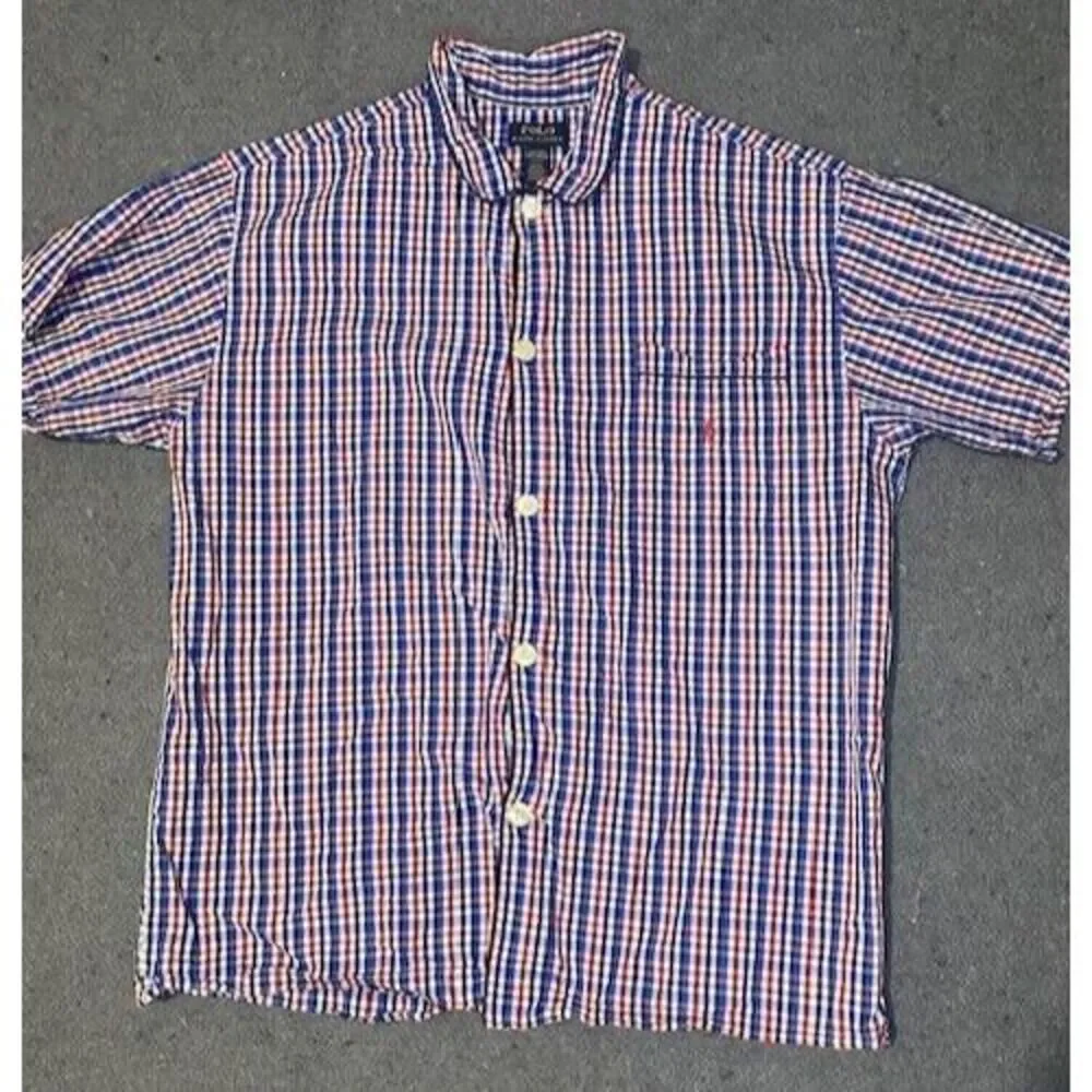 RALPH LAUREN POLO‎ large SLEEPWEAR long sleeve Button Down. plaid RED/WHITE/BLUE